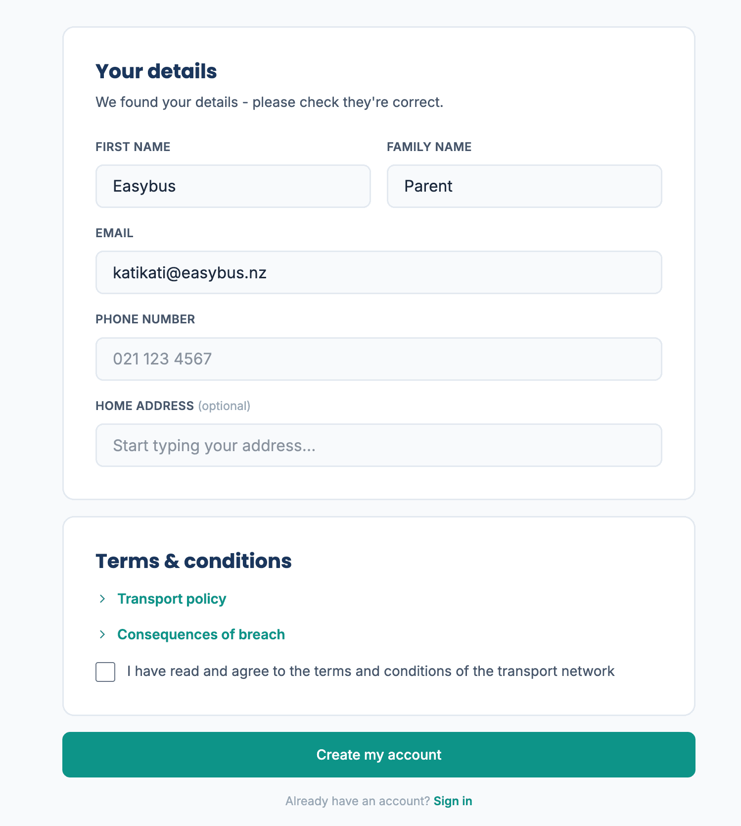Registration form showing parent name, email, phone and terms checkbox.