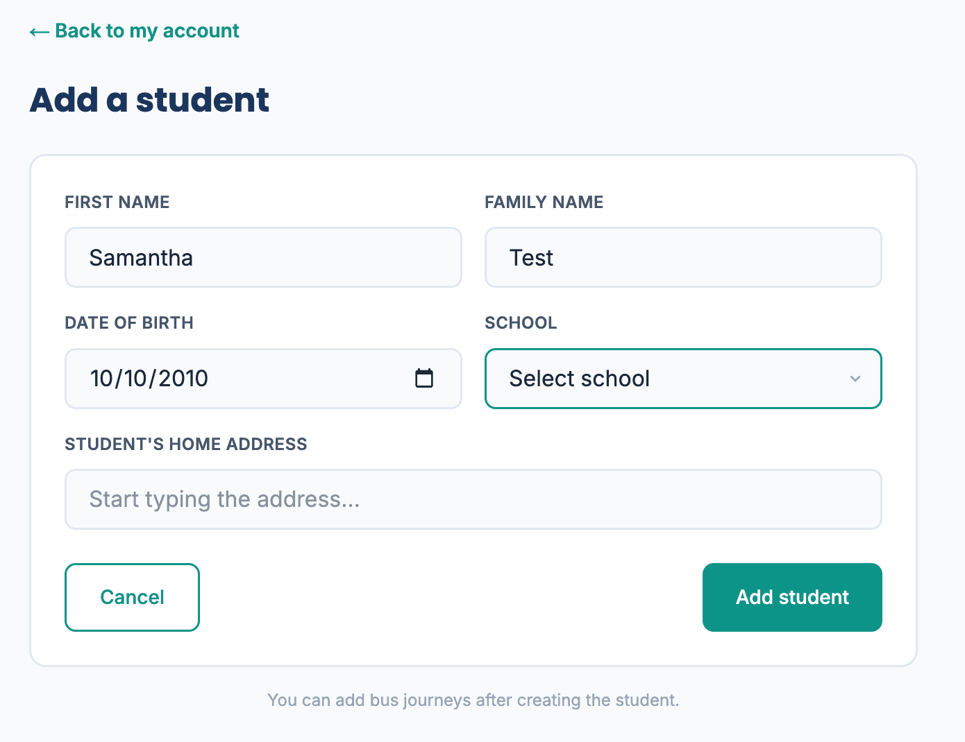 Add a student form with name, date of birth, school and address fields.